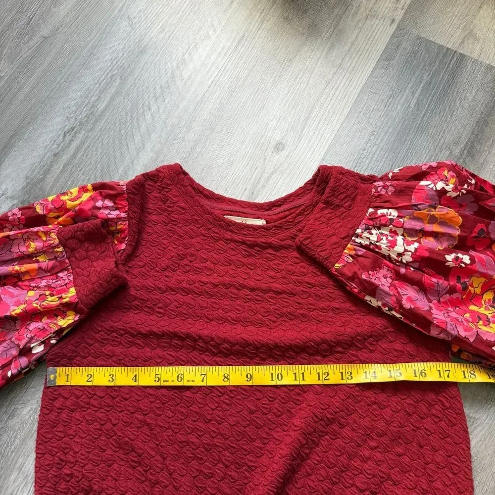 Anthropologie Porridge Textured Top Floral Sleeves Maroon Wine XS Oversized